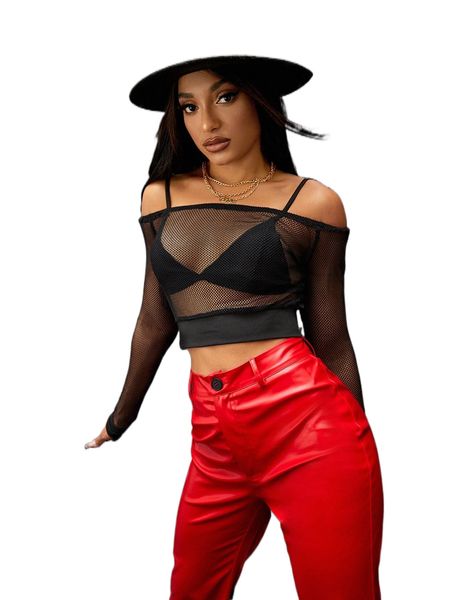 

off shoulder sheer mesh crop without bra b3mt#, White