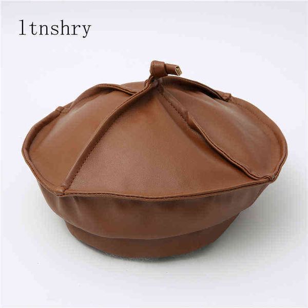 

2021 new pu leather berets for women fashion ladies black caps stewardess red yellow beret autumn winter artist hats j220722, Blue;gray
