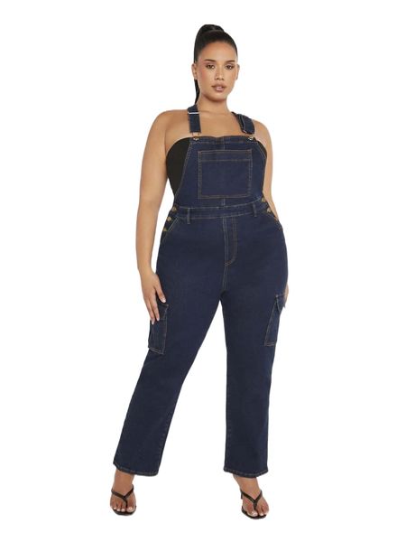 

plus flap pocket bootcut leg denim overall jumpsuit c1yq#, Black;white