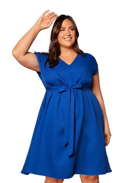 

plus v neck belted dress j4dp#, Black