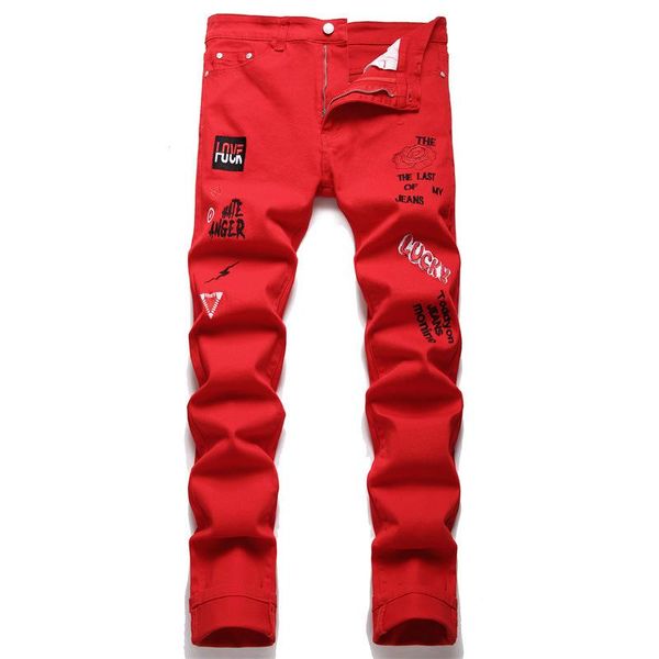 

men's jeans men's summer street trend man red embroidered cotton slim stretch pants midwaist casual clothingmen's, Blue
