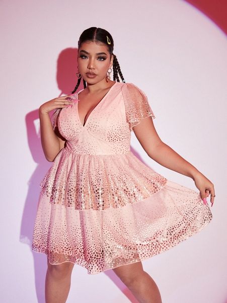 

plus surplice neck layered hem mesh dress a1uv#, Black