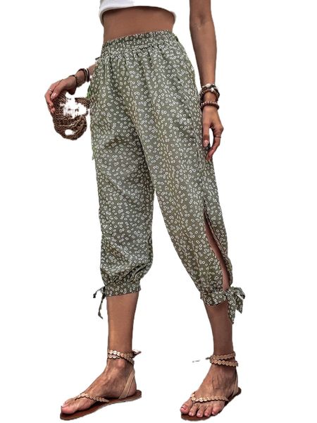 

ditsy floral print knot hem pants a5rl#, Black;white