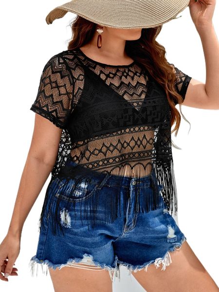 

plus fringe hem lace without bra v5fd#, Black