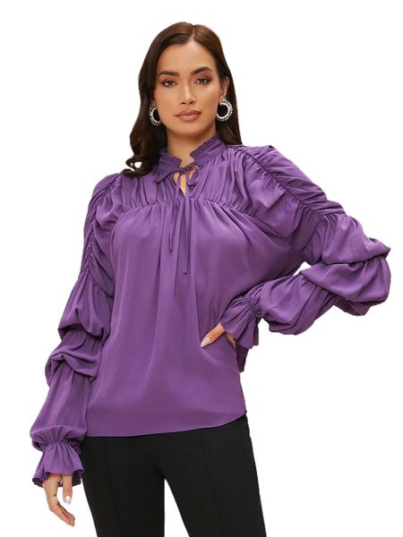 

tie neck gathered sleeve blouse n0e2#, White