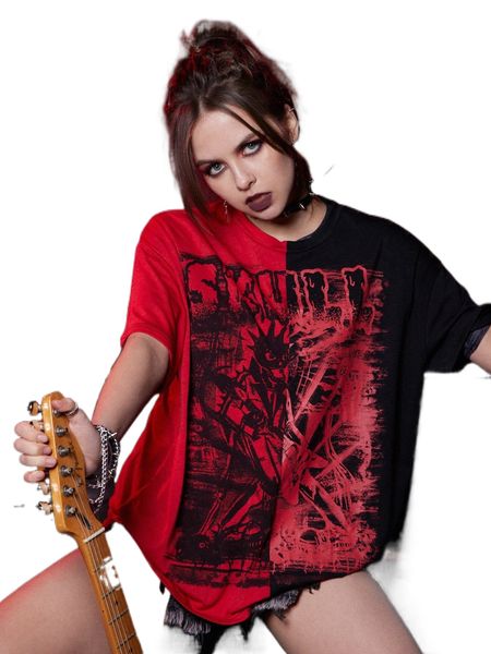 

romwe punk rock letter colorblock drop shoulder tee u51k#, White