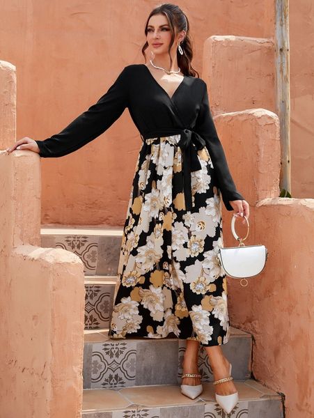

floral print surplice front belted dress 023h#, Black;gray