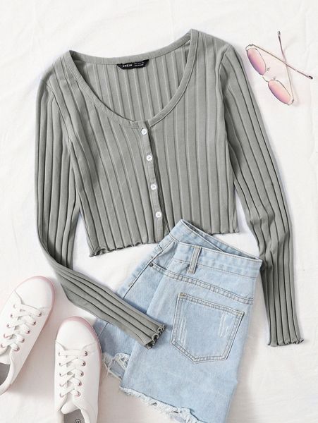 

buttoned front lettuce trim rib-knit q65c#, White