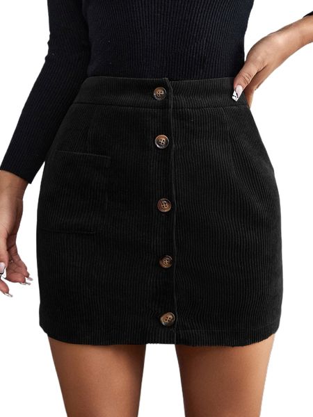 

petite button front corduroy skirt s47n#, Black