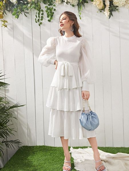

belted lantern sleeve layered hem dress e43y#, Black;gray