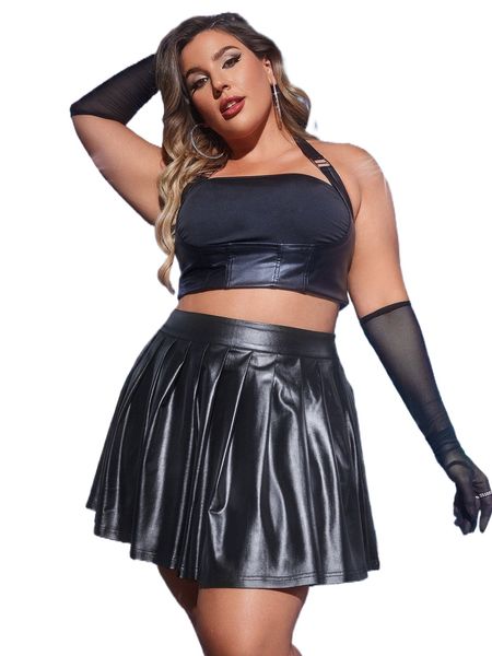 

plus pu leather pleated skirt 54r1#, Black