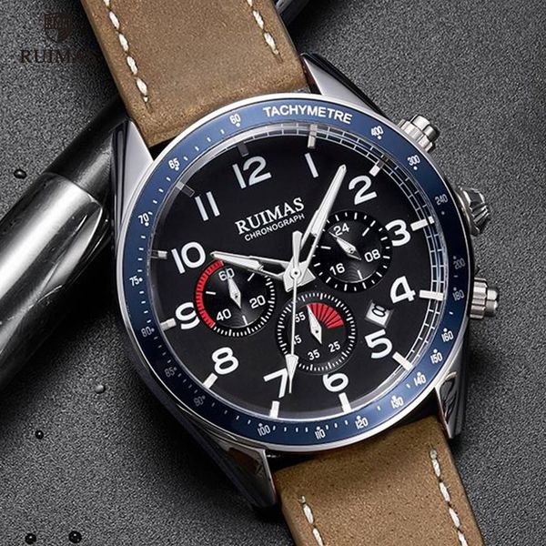 

ruimas men's brown leather quartz watches luxury chronograph wristwatch men military sports watch male relogios masculino 574210f, Slivery;brown