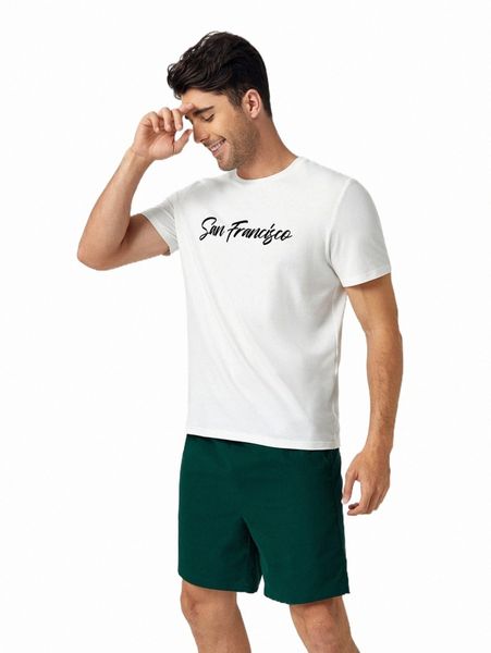 

men letter graphic tee & drawstring waist shorts p9be#, Gray