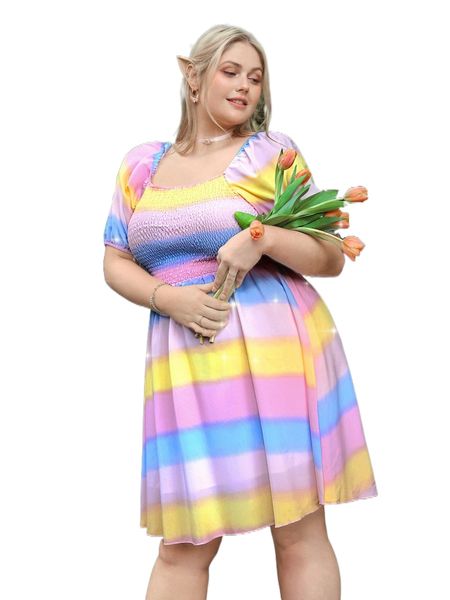

fairy grunge plus color block shirred puff sleeve dress n1lo#, Black