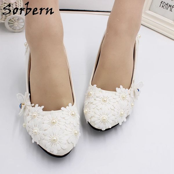 Sorbern Weiße Blumen Kleid Schuhe Hochzeit Braut Reife Brautjungfer Mädchen Hochzeitsschuh Schmetterlingsapplikationen mit blauem Kristall 5 cm 3 cm 8 cm flache Absätze