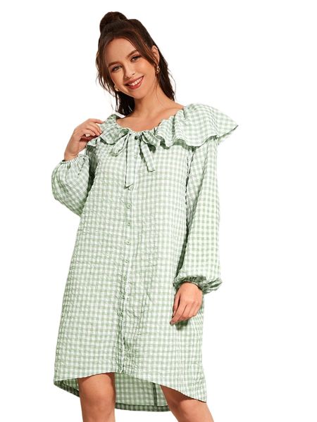 

x circe tie front gingham ruffle trim dress f2jk#, Black;gray