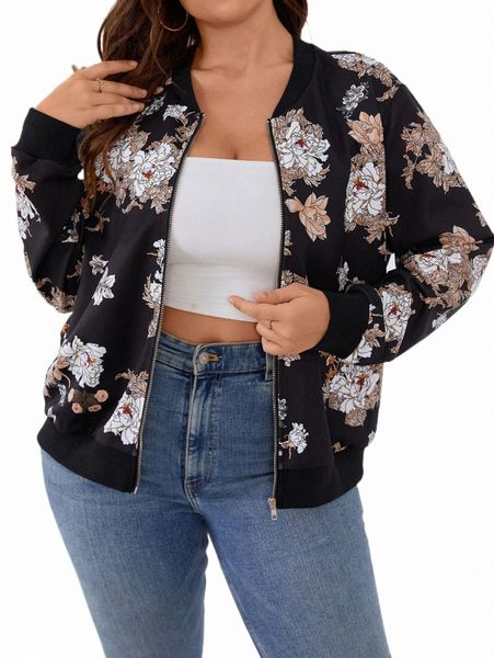 

plus floral print bomber jacket r0gl#, Black