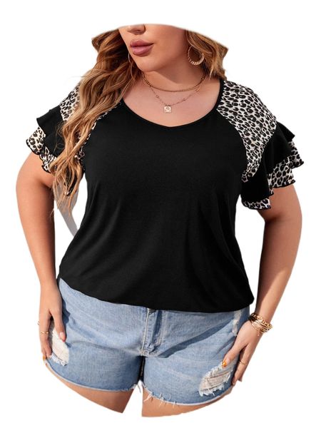 

plus leopard print layered sleeve tee f3ud#, Black