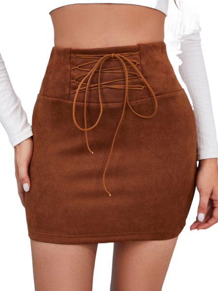 

lace up front suede bodycon skirt o1yl#, Black