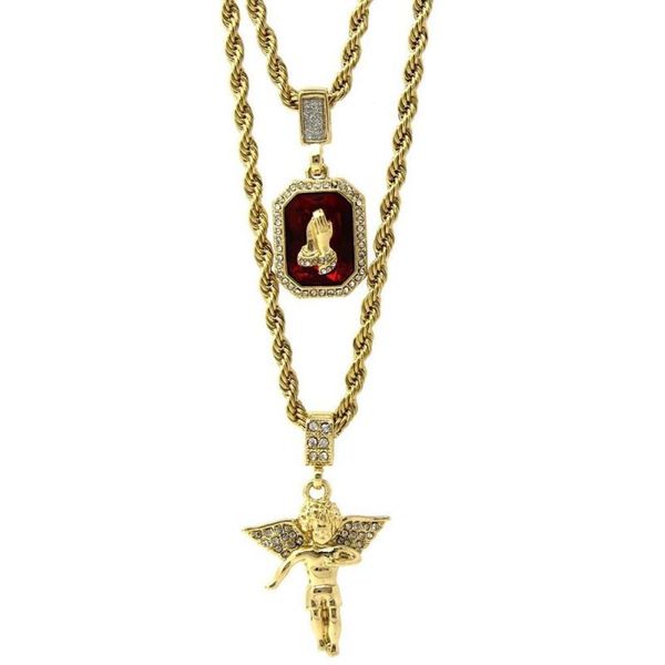

pendant necklaces 2 piece set of hip hop necklace angel and praying hands red zircon men women jewelry gifts, Silver