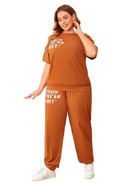 

plus slogan graphic drop shoulder tee & sweatpants d4oo#, Black