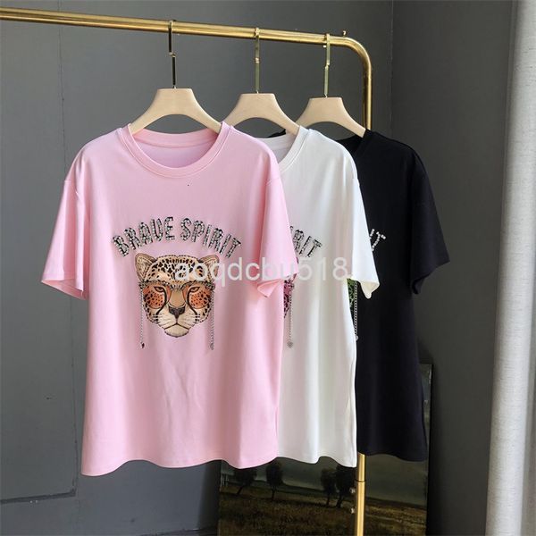 

women's t-shirt nanyou quality short sleeve t-shirt women's spring and summer leisure temperament tiger print with diamond top, White