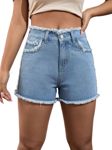

high waist raw trim denim shorts x6ns#, White;black