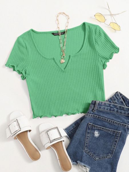 

notch neck lettuce edge tee f305#, White
