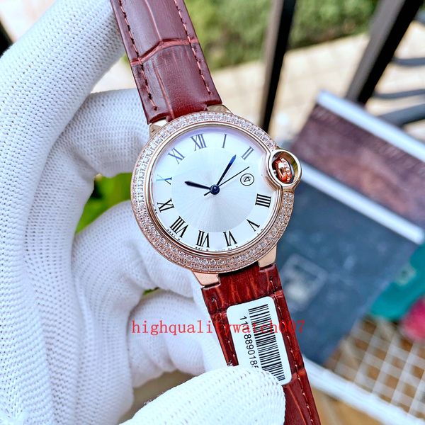 6STYLES Fashion Wristwatches Ladies Watch Diamond 33mm White Dial 18K Rose Gold Leather Bands Bands Automático Motivo Feminino Caixa Original