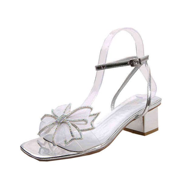 

sandals luxury rhinestone bow high heels fashion square toe transparent belt silver chunky heeled sandals women shoes pumps 220321, Black
