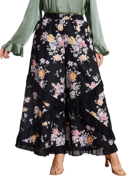 

plus floral print ruffle trim wide leg pants v70u#, Black