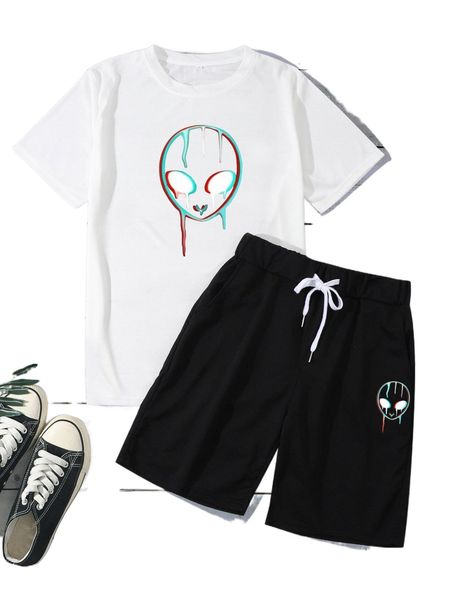 

men alien print tee & shorts r62h#, Gray