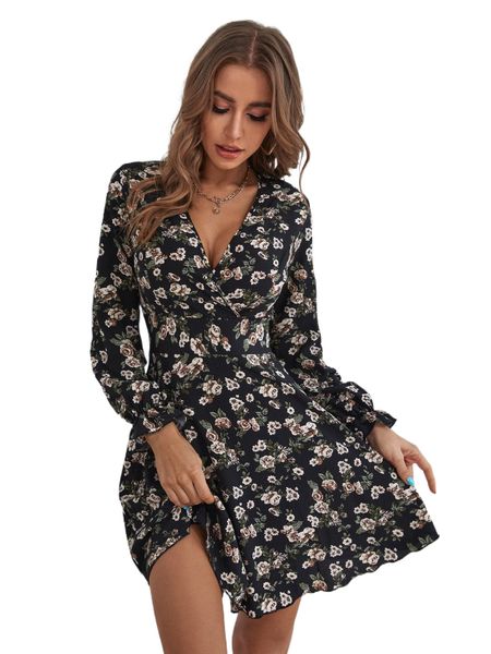 

floral print overlap collar flounce sleeve dress a3li#, Black;gray