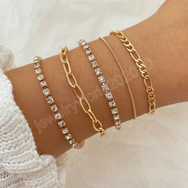 

5 piece set bracelets for women gold silver color snake chain inlaid crystal charm bracelet fashion jewelry gifts, Golden;silver