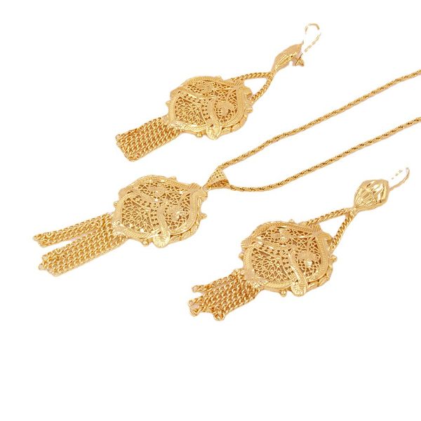 Damen-Schmuckset, runder filigraner Anhänger, Kette + Ohrring, 24 Karat, äthiopischer Arabien, indischer Dubai, afrikanische Hochzeit, Party, Brautgeschenk