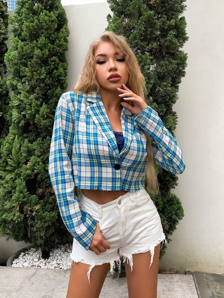 

meysi kim lapel collar tartan single button blazer n5x9#, White