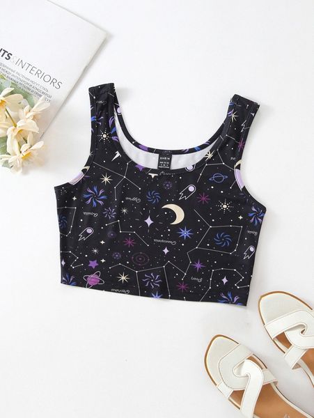 

1pc star & moon print crop tank d3bx#, White