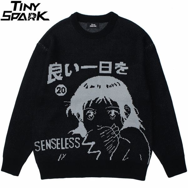 

hip hop streetwear knitted sweater japanese kanji anime print pullover men autumn harajuku cotton casual sweater black 220812, White;black