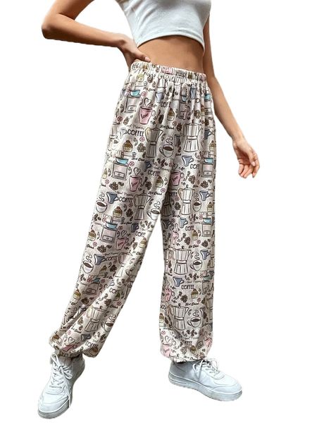 

coffee and letter graphic elastic waist sweatpants i5vb#, Black;white