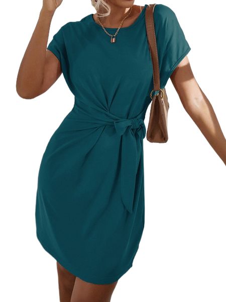 

knot side solid batwing sleeve dress j3xn#, Black;gray