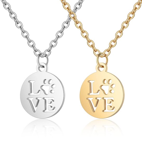 

10pcs love letter with heart paw print pendant necklace for women femme stainless steel bear cat dog animal paw charm chain choker jewelry, Silver