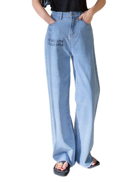 

dazy high waist slogan graphic raw trim wide leg jeans t7gh#, Blue