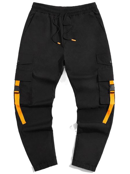 

men buckle strap detail drawstring waist pants b5g7#, Black
