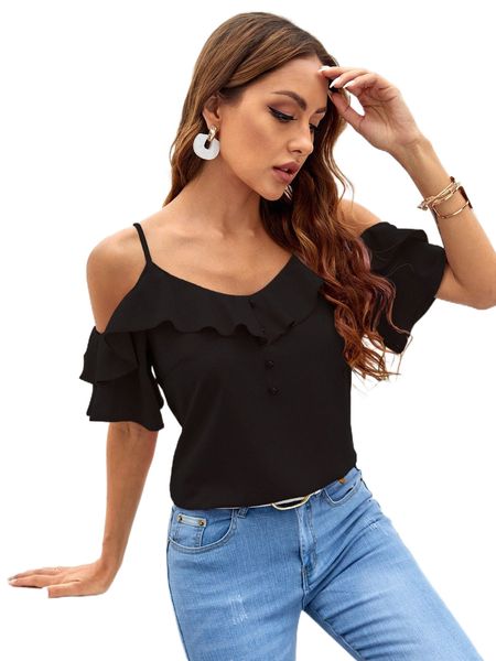 

ruffle trim cold shoulder blouse f0fj#, White