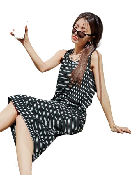 

dazy striped print tank dress k3ra#, Black;gray