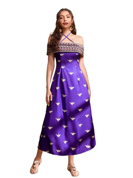 

geo & floral print crisscross halter neck dress w0iq#, Black;gray