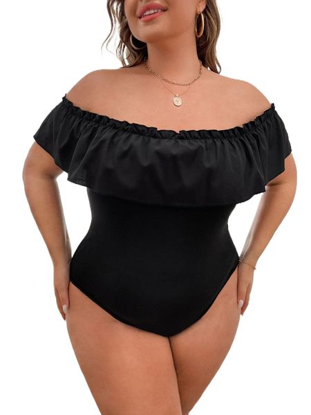 

plus off shoulder ruffle trim bodysuit f38o#, Black