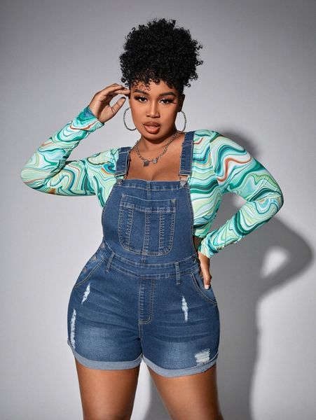 

sxy plus roll up hem ripped denim overall romper without 976s#, Black;white