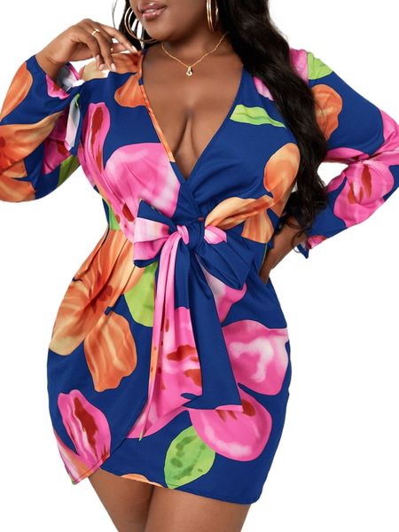 

sxy plus knot cuff wrap tie front floral print dress f5yo#, Black