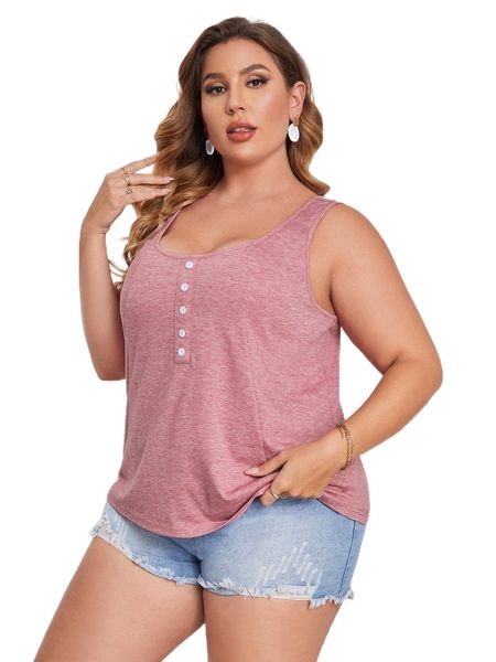 

plus button front scoop neck tank x17g#, Black